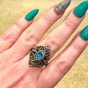 Sterling Silver and 14K Yellow Gold Fashion Ring with Blue Topaz and Diamond